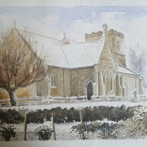 Unframed print - rear of St Mary's church in snow - watercolour