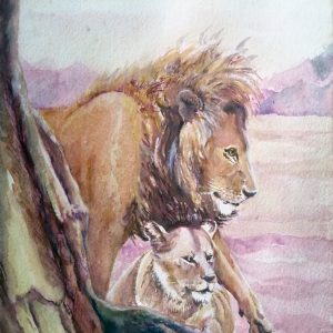 Unframed - lion and lioness - watercolour